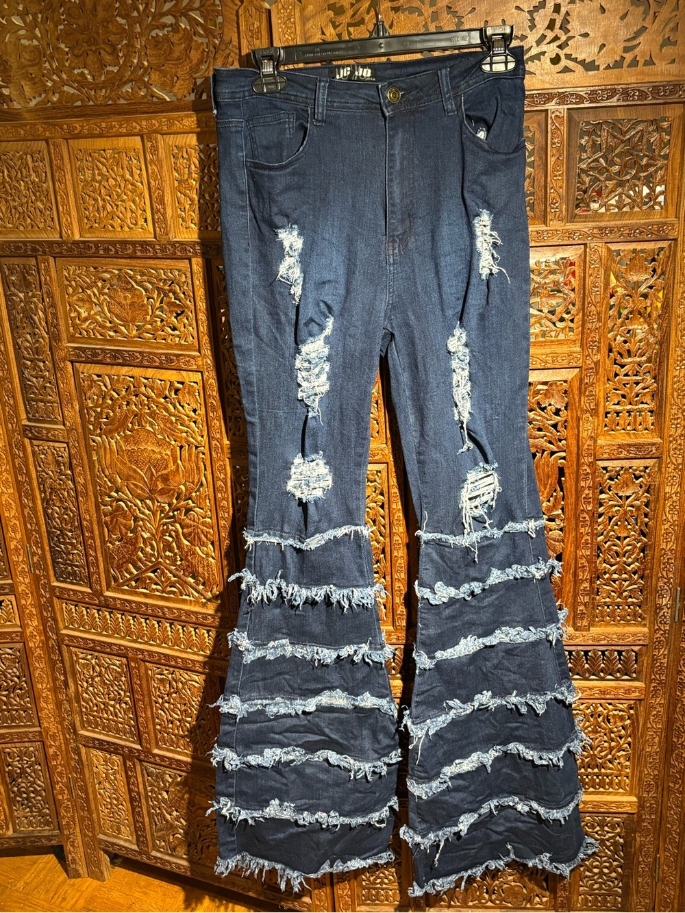 Distressed Dark Blue Flare Jeans with Tiered Frayed Ruffles